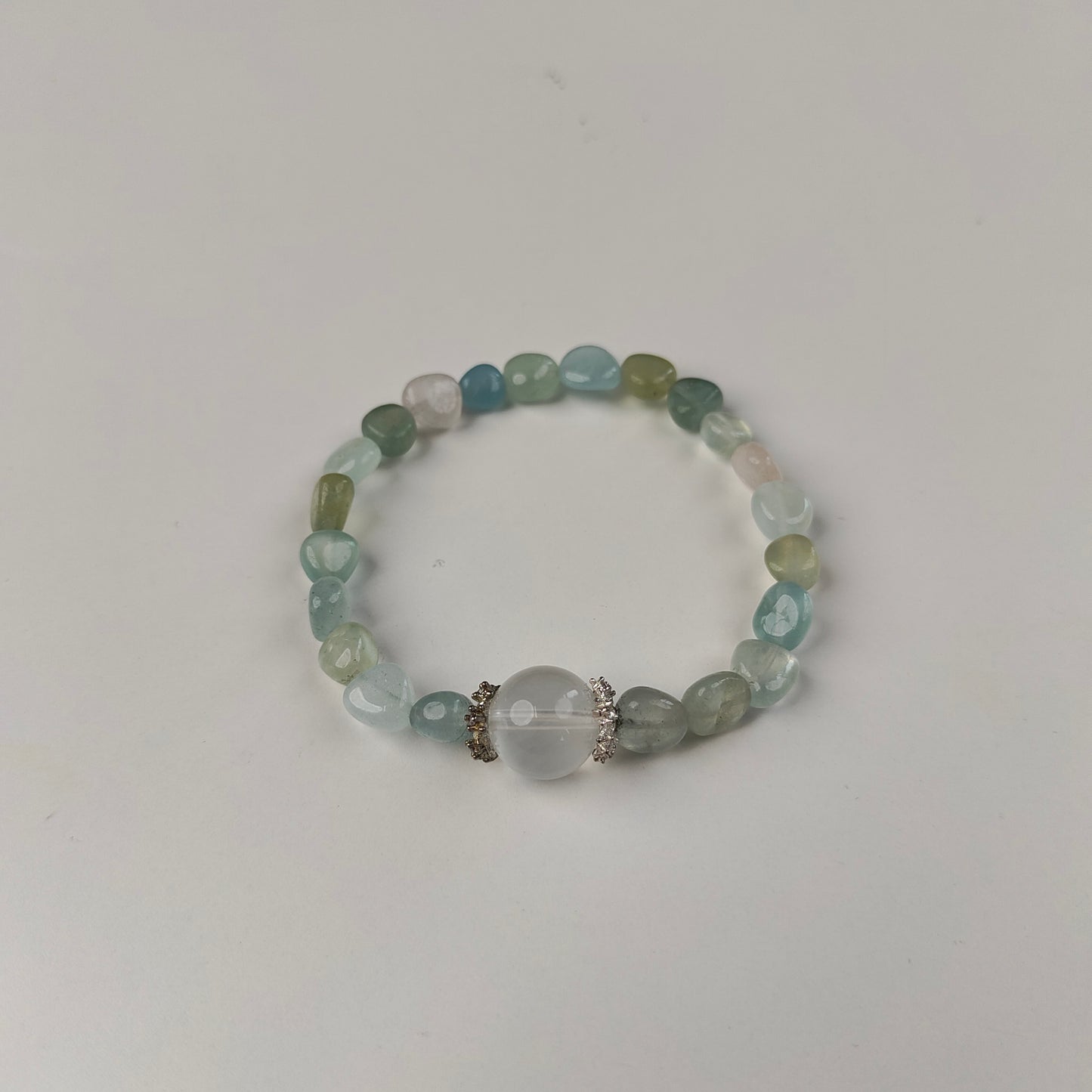 Green Agate & White Crystal Bracelet — Silver Spacers | Heart Chakra & Growth
