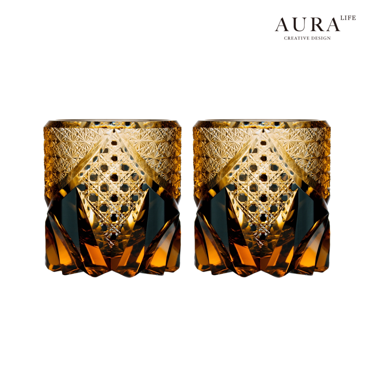 AURA'S black samurai Japanese style Edo Kiriko handmade glass whiskey glass carved amber glass
