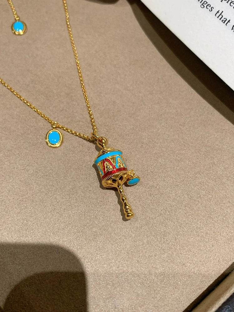 New Chinese Style Blue Enamel Rattle Drum Faux Turquoise Necklace for Women, 2026 New Light Luxury High-End Clavicle Chain