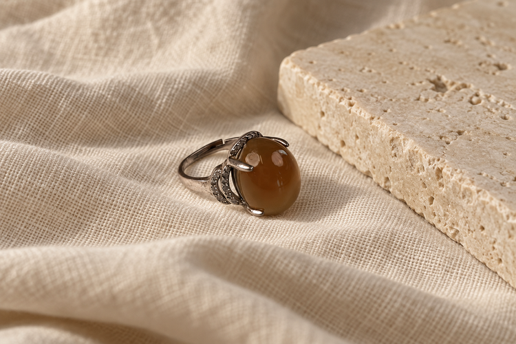 Brown agate ring on ivory linen