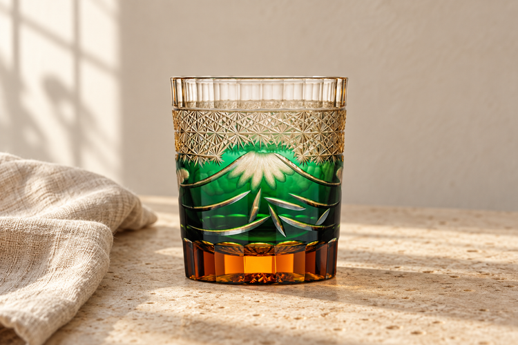 Green Edo Kiriko glass on a light table