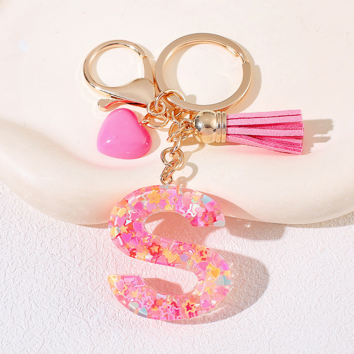 New Original Pink Love Heart Tassel Letter Keychain Girl Resin Alphabet Charm