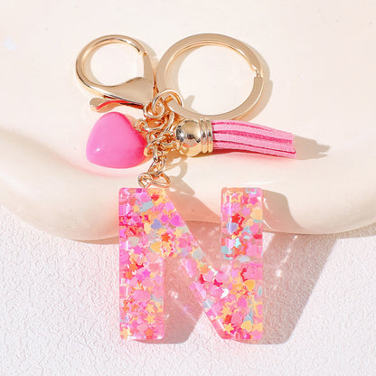 New Original Pink Love Heart Tassel Letter Keychain Girl Resin Alphabet Charm