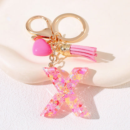 New Original Pink Love Heart Tassel Letter Keychain Girl Resin Alphabet Charm