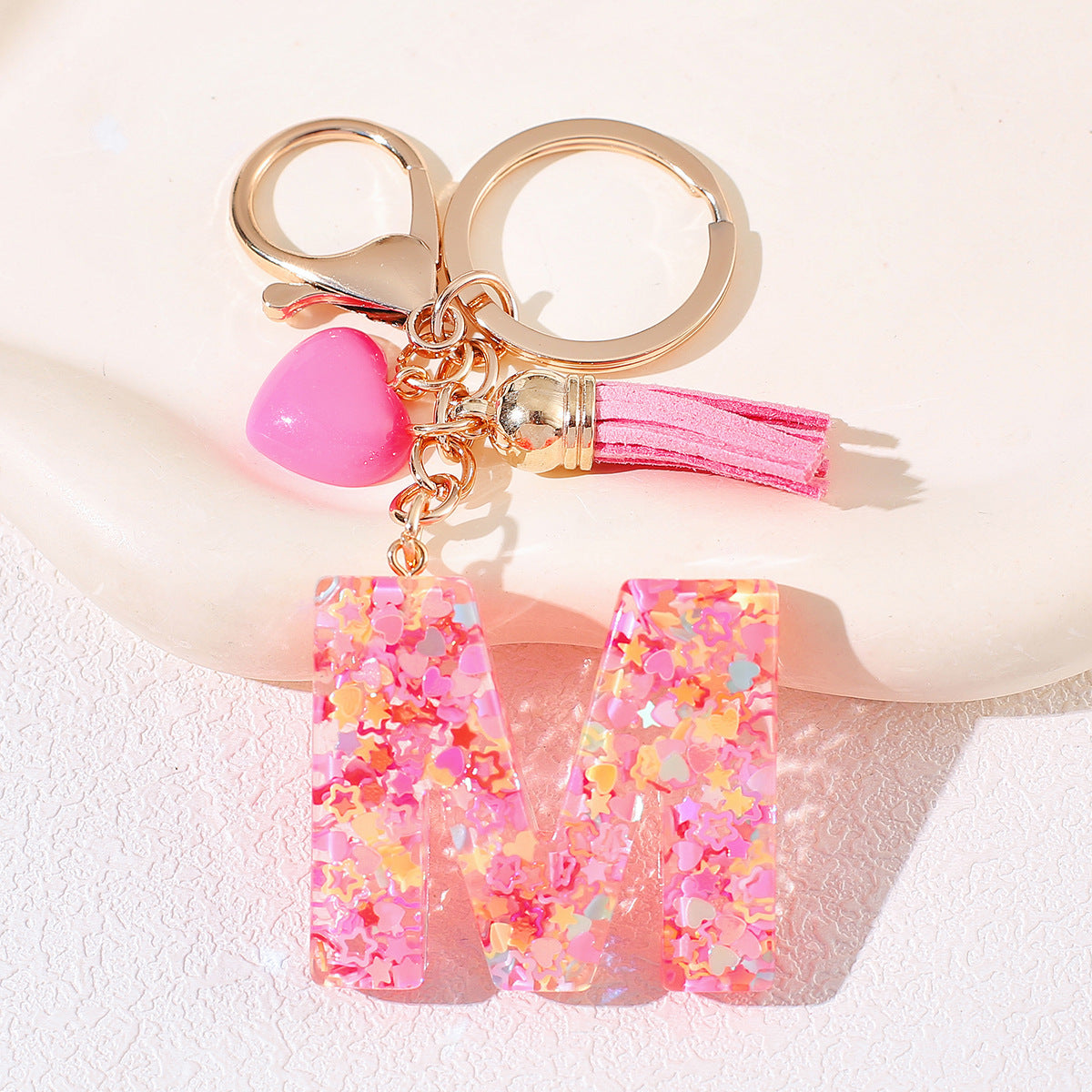 New Original Pink Love Heart Tassel Letter Keychain Girl Resin Alphabet Charm