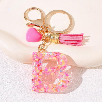 New Original Pink Love Heart Tassel Letter Keychain Girl Resin Alphabet Charm