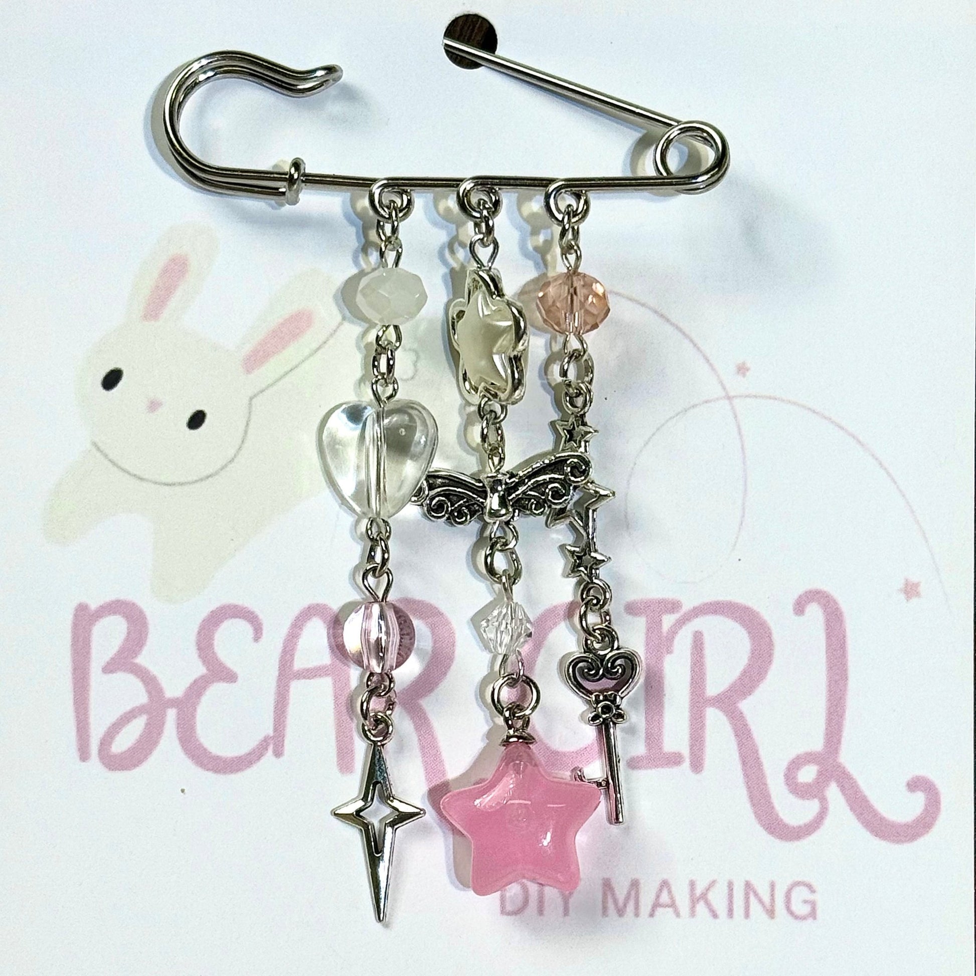 Kawaii Fairycore Safety Pin Brooch | Heart, Star & Magic Charm Dangles(Pre - sale) - BEAR GIRL