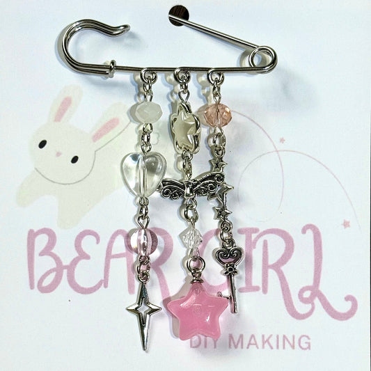 Kawaii Fairycore Safety Pin Brooch | Heart, Star & Magic Charm Dangles(Pre - sale) - BEAR GIRL