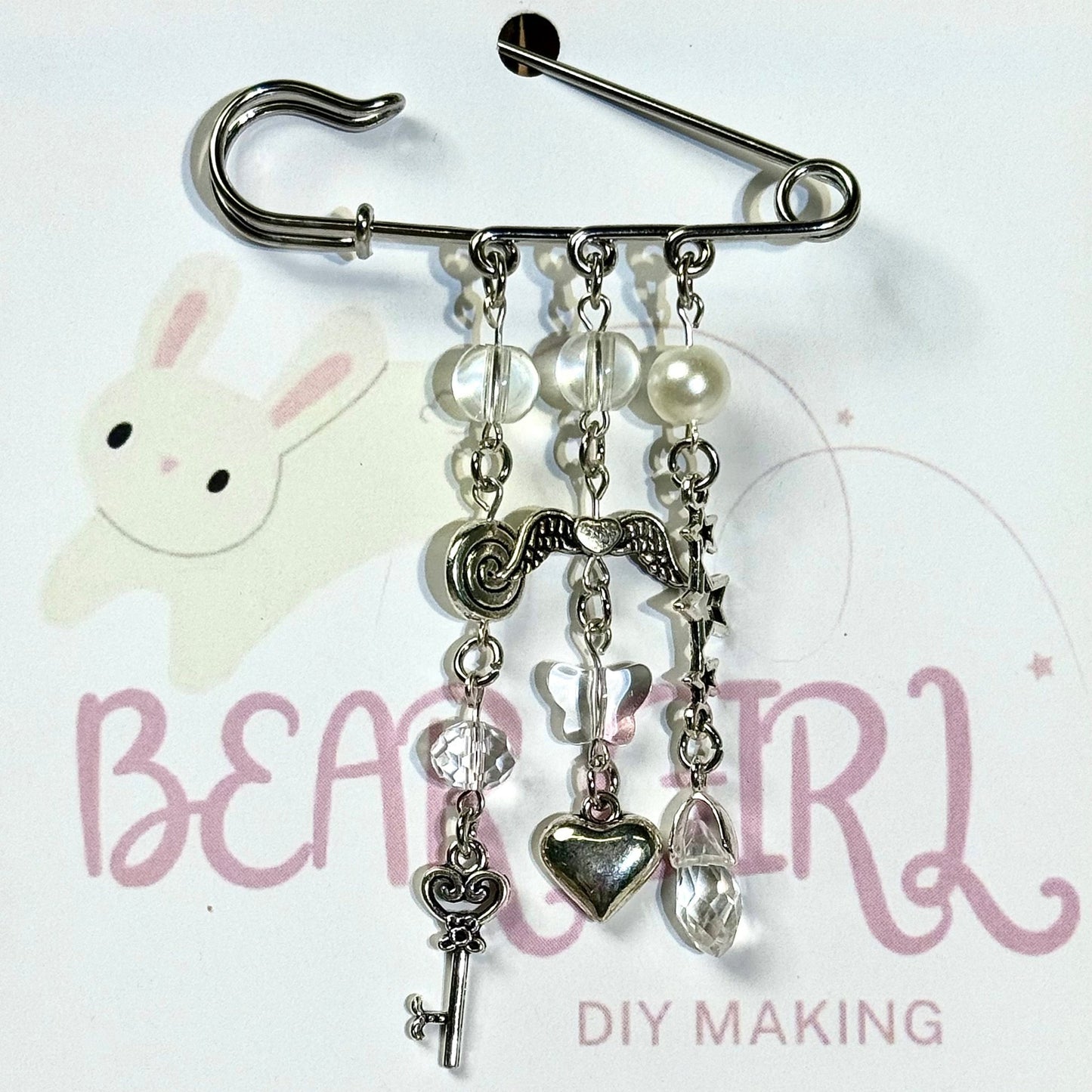 Kawaii Fairycore Safety Pin Brooch | Heart, Star & Magic Charm Dangles(Pre - sale) - BEAR GIRL
