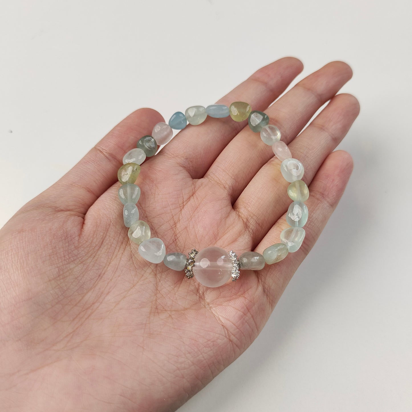 Green Agate & White Crystal Bracelet — Silver Spacers | Heart Chakra & Growth