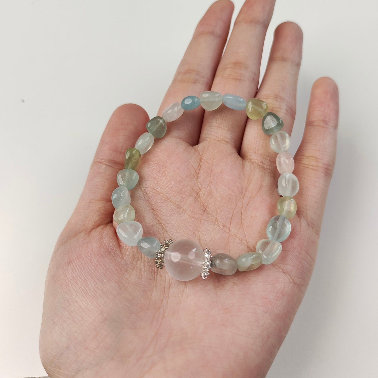 Green Agate & White Crystal Bracelet — Silver Spacers | Heart Chakra & Growth