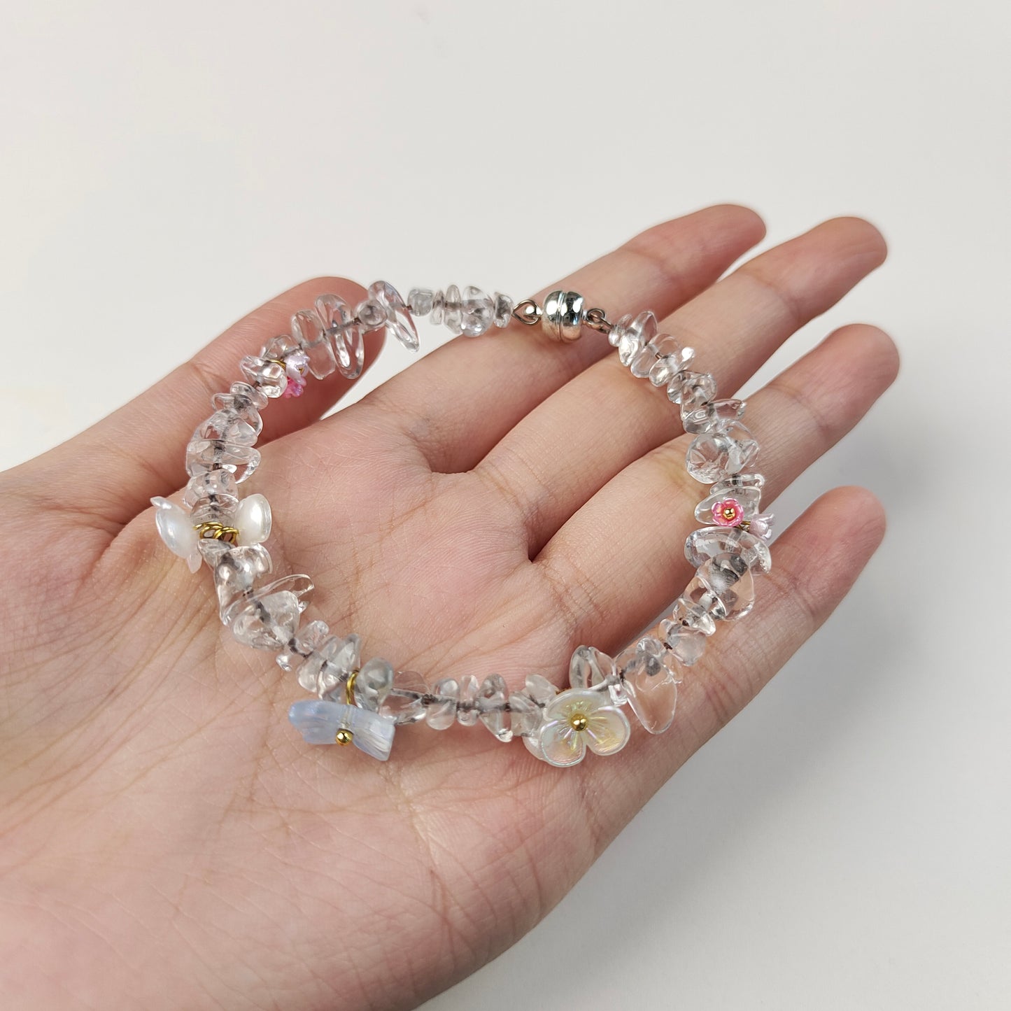 Clear Quartz Chip Bracelet — Flower & Butterfly Charms | Amplify & Manifest