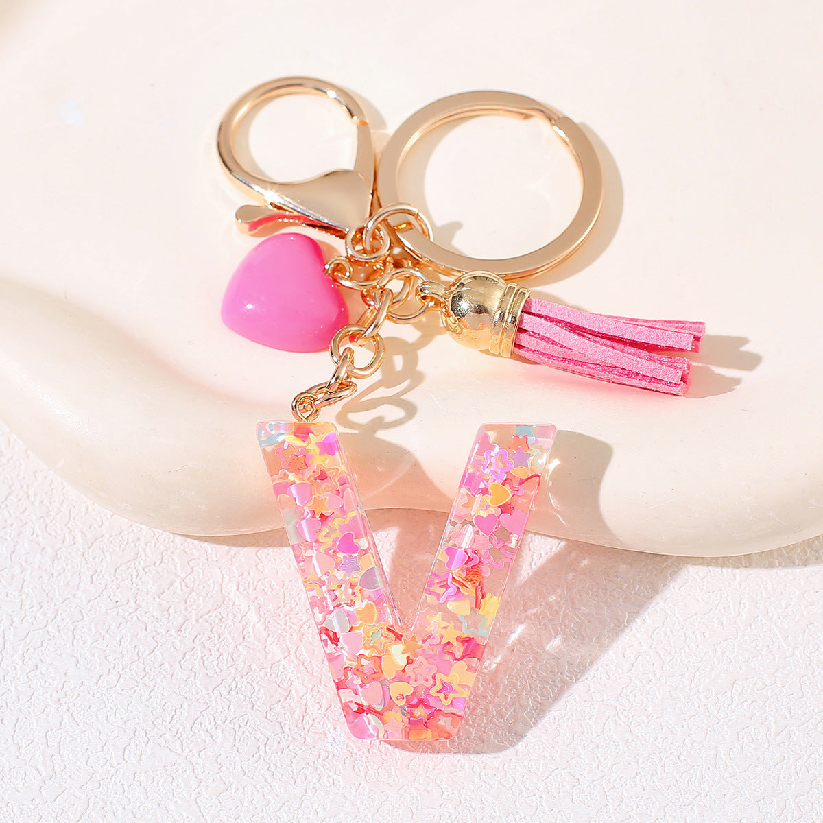 New Original Pink Love Heart Tassel Letter Keychain Girl Resin Alphabet Charm