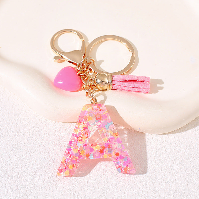 New Original Pink Love Heart Tassel Letter Keychain Girl Resin Alphabet Charm