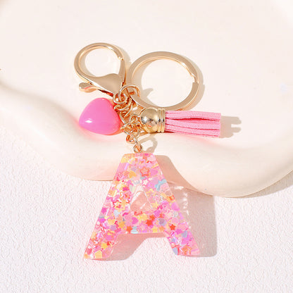 New Original Pink Love Heart Tassel Letter Keychain Girl Resin Alphabet Charm