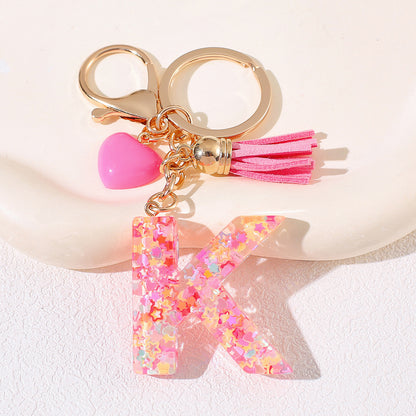 New Original Pink Love Heart Tassel Letter Keychain Girl Resin Alphabet Charm