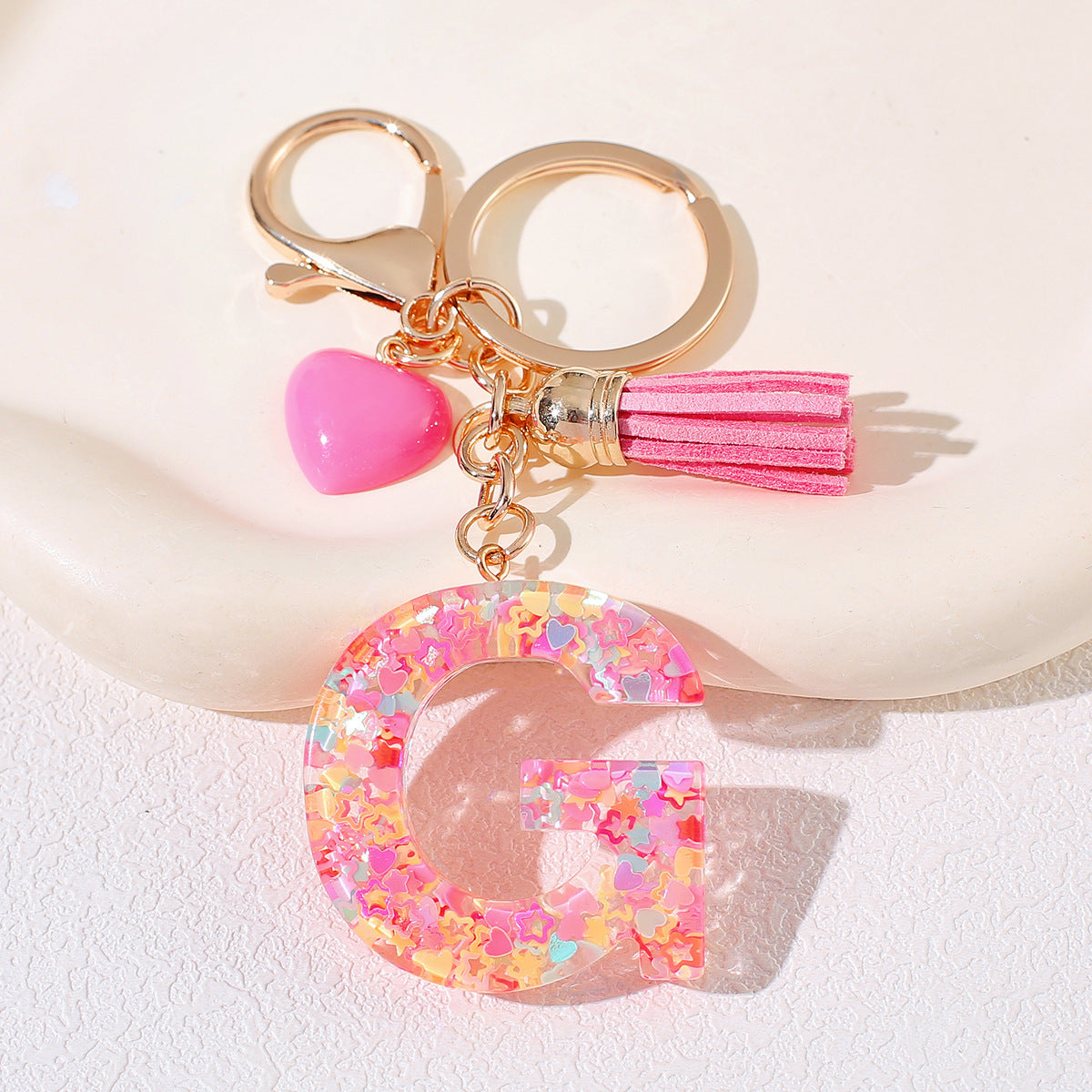 New Original Pink Love Heart Tassel Letter Keychain Girl Resin Alphabet Charm