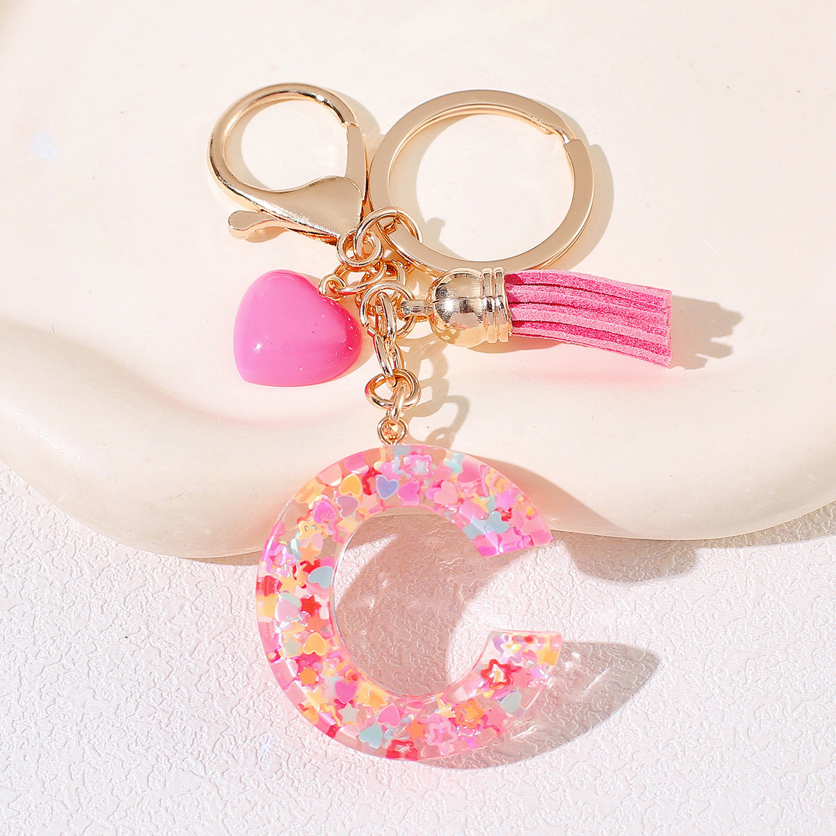 New Original Pink Love Heart Tassel Letter Keychain Girl Resin Alphabet Charm