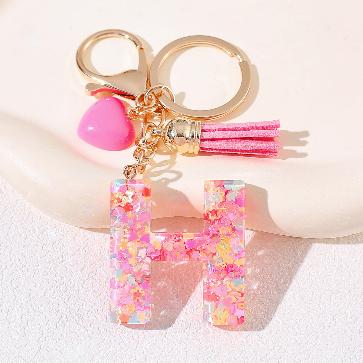 New Original Pink Love Heart Tassel Letter Keychain Girl Resin Alphabet Charm