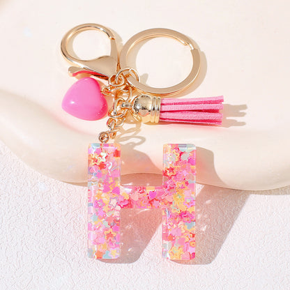 New Original Pink Love Heart Tassel Letter Keychain Girl Resin Alphabet Charm