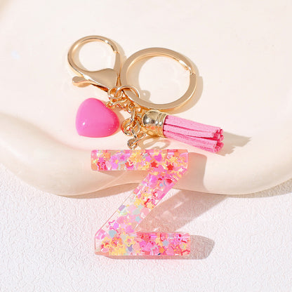 New Original Pink Love Heart Tassel Letter Keychain Girl Resin Alphabet Charm