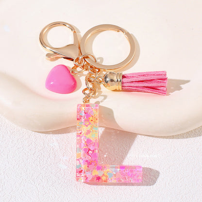 New Original Pink Love Heart Tassel Letter Keychain Girl Resin Alphabet Charm