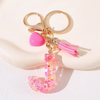 New Original Pink Love Heart Tassel Letter Keychain Girl Resin Alphabet Charm