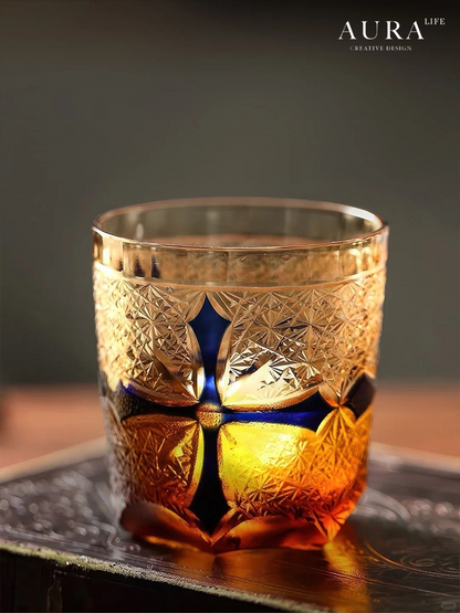 AURA'S niche high-end blue daisy light luxury gold armor hand-carved amber cross whiskey glass