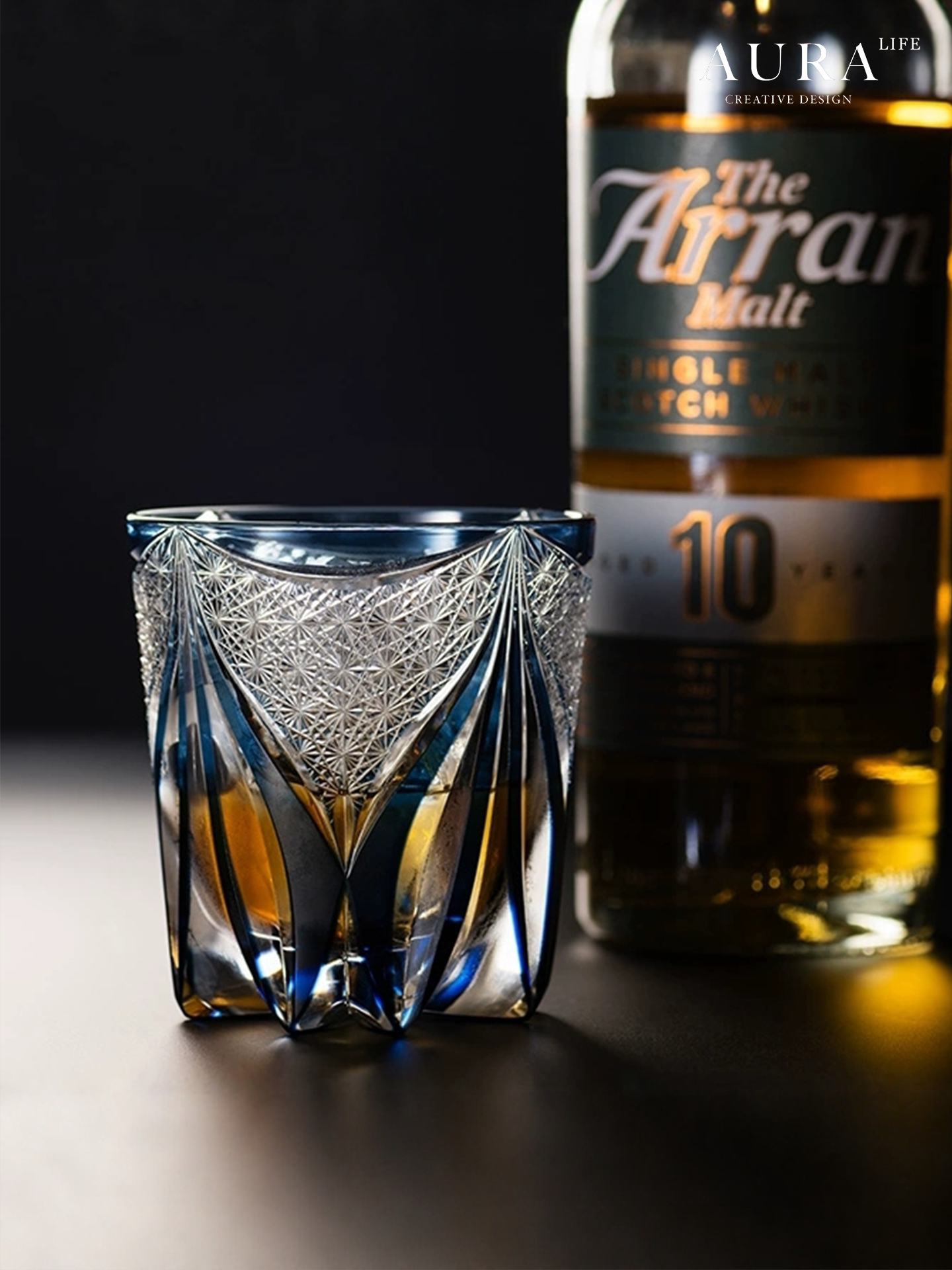 AURA'S Edo Kiriko Blue Tide Phantom Hand-Carved Crystal Cup Whiskey Wine Glass Glass Gift