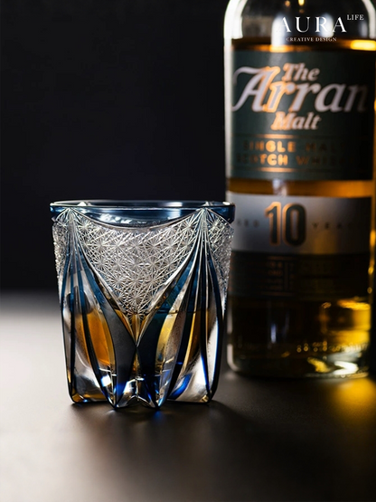 AURA'S Edo Kiriko Blue Tide Phantom Hand-Carved Crystal Cup Whiskey Wine Glass Glass Gift