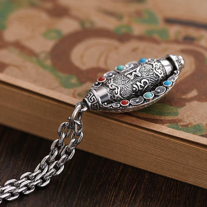 Pure silver Fortune-Attracting Six-Character Mantra Necklace, turquoise nine-eyed Dzi bead pendant, vintage rotating pendant for men and women