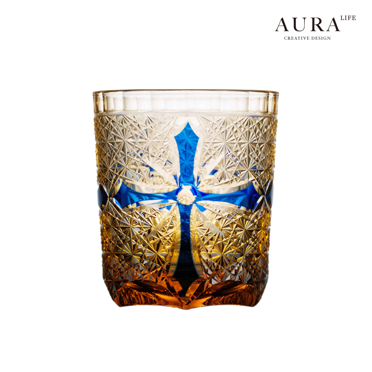 AURA'S niche high-end blue daisy light luxury gold armor hand-carved amber cross whiskey glass