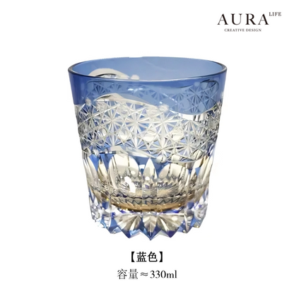 AURA'S Emerald Green Akebono Edo Kiriko Hand-Carved Crystal Glass Japanese Style Premium Whisky Glass