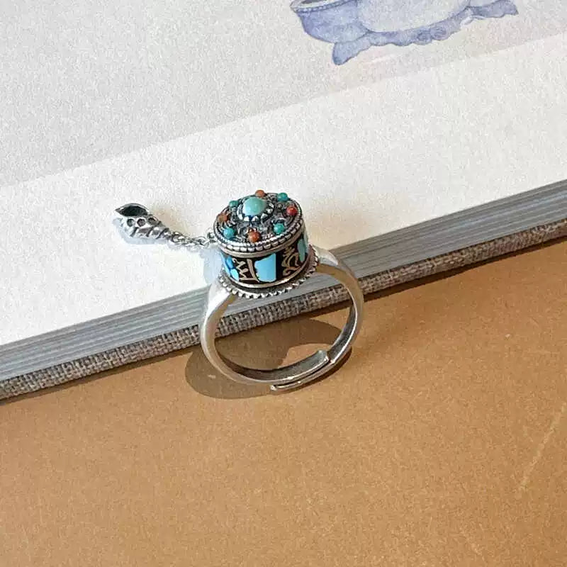 S925 sterling silver southern red agate rotatable tassel ring, six-character mantra ring, new Chinese ethnic style accessory