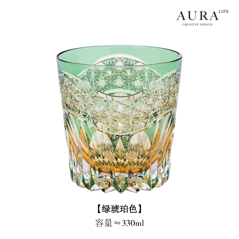 AURA'S Emerald Green Akebono Edo Kiriko Hand-Carved Crystal Glass Japanese Style Premium Whisky Glass