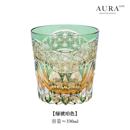 AURA'S Emerald Green Akebono Edo Kiriko Hand-Carved Crystal Glass Japanese Style Premium Whisky Glass