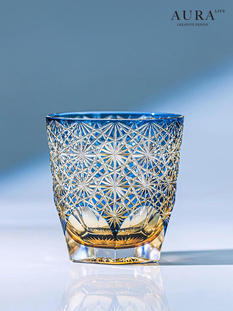 Edo Kiriko blue daisy crystal glass high-end hand-carved whiskey glass sake gift glass