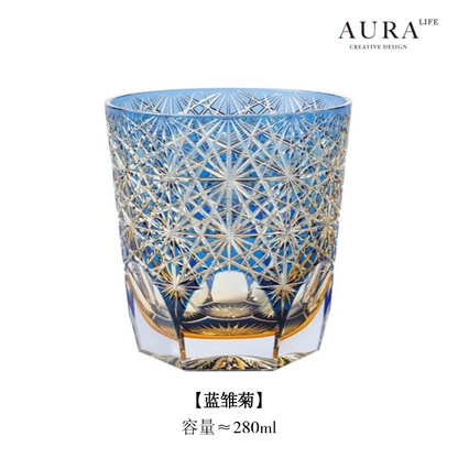 Edo Kiriko blue daisy crystal glass high-end hand-carved whiskey glass sake gift glass