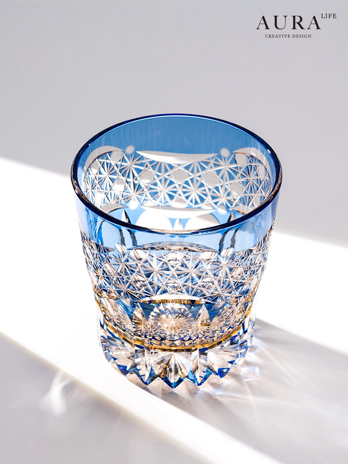 AURA'S Emerald Green Akebono Edo Kiriko Hand-Carved Crystal Glass Japanese Style Premium Whisky Glass