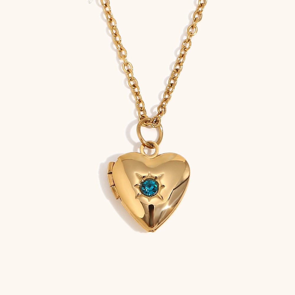 European and American high-end heart-shaped pendant, stainless steel plated with 18K gold, December Stone Picture Box Necklace for Women