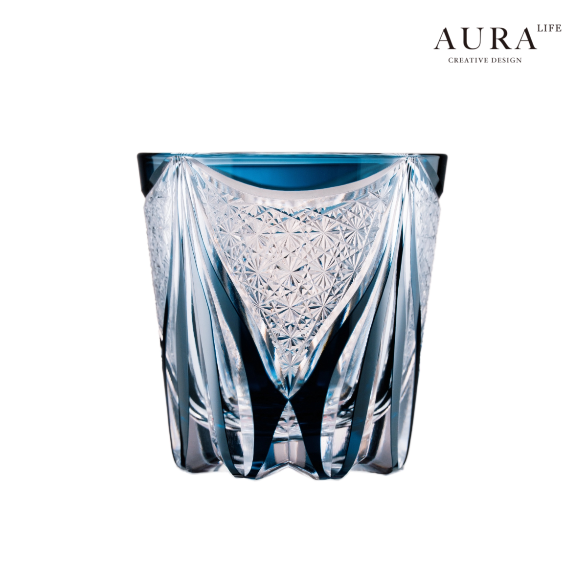 AURA'S Edo Kiriko Blue Tide Phantom Hand-Carved Crystal Cup Whiskey Wine Glass Glass Gift