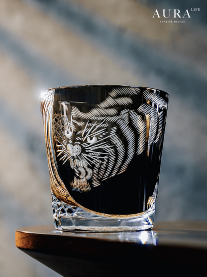 AURA'S Edo Kiriko Master Tiger Hand-Cut Crystal Glass Whiskey Glass High-End Gift
