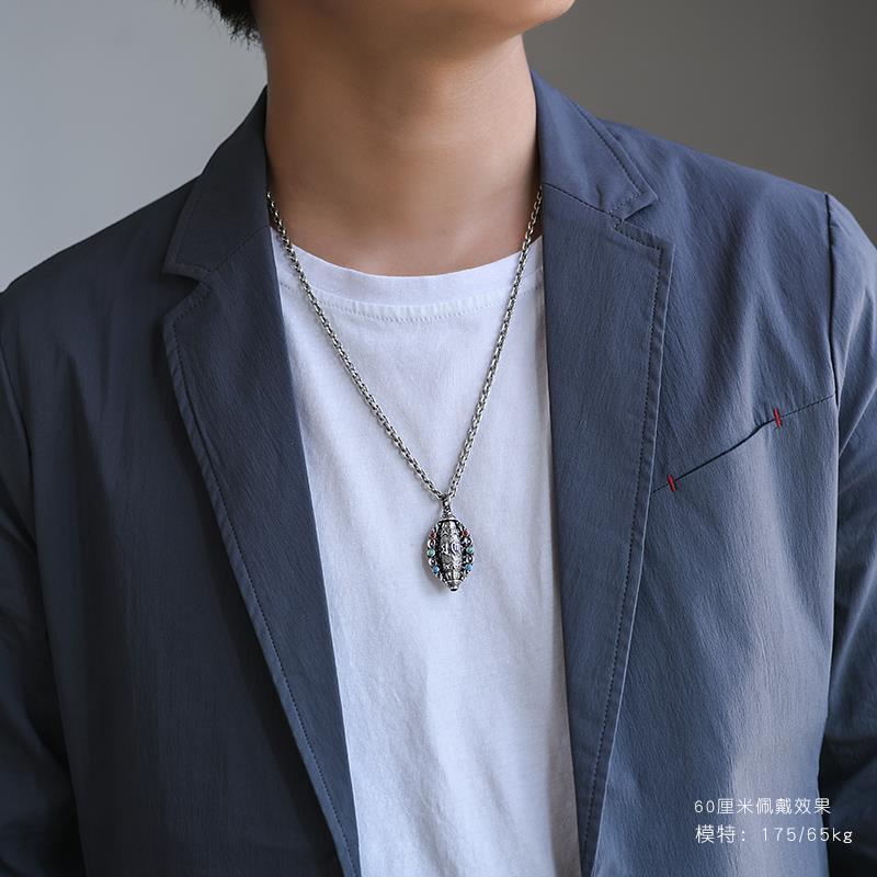 Pure silver Fortune-Attracting Six-Character Mantra Necklace, turquoise nine-eyed Dzi bead pendant, vintage rotating pendant for men and women