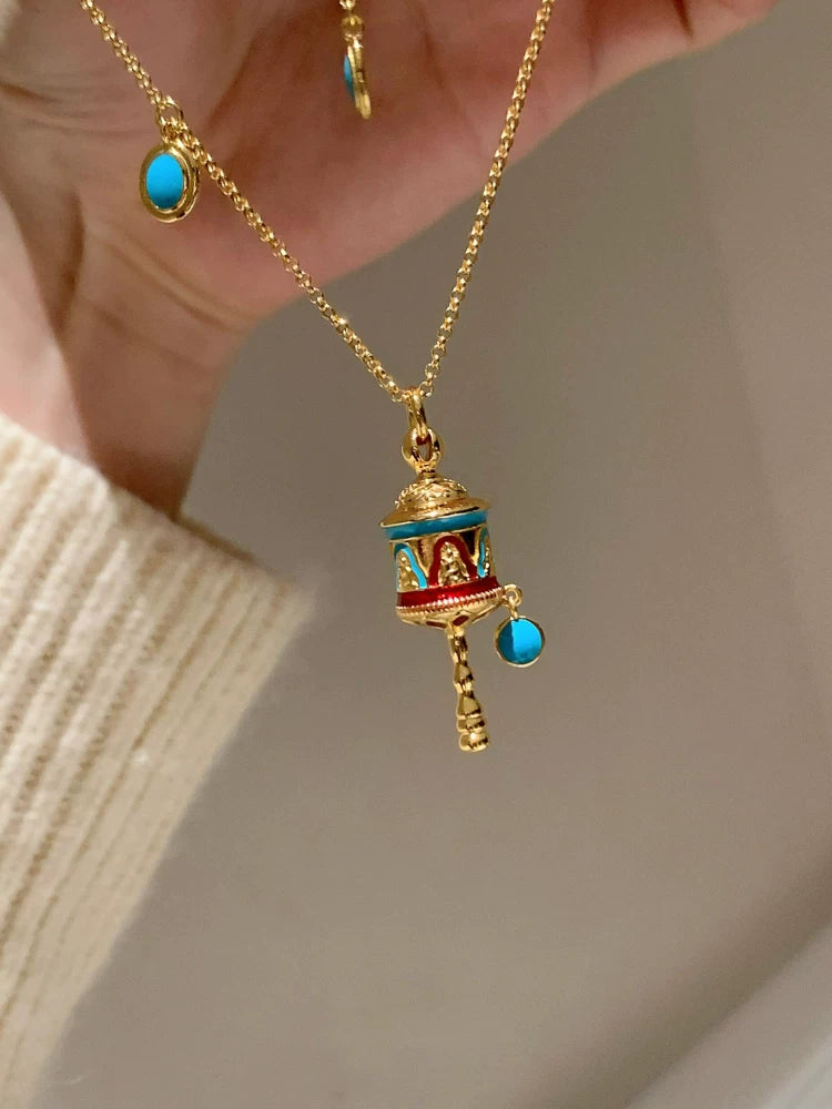 New Chinese Style Blue Enamel Rattle Drum Faux Turquoise Necklace for Women, 2026 New Light Luxury High-End Clavicle Chain