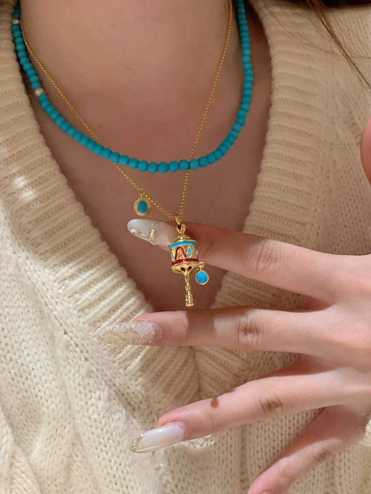 New Chinese Style Blue Enamel Rattle Drum Faux Turquoise Necklace for Women, 2026 New Light Luxury High-End Clavicle Chain