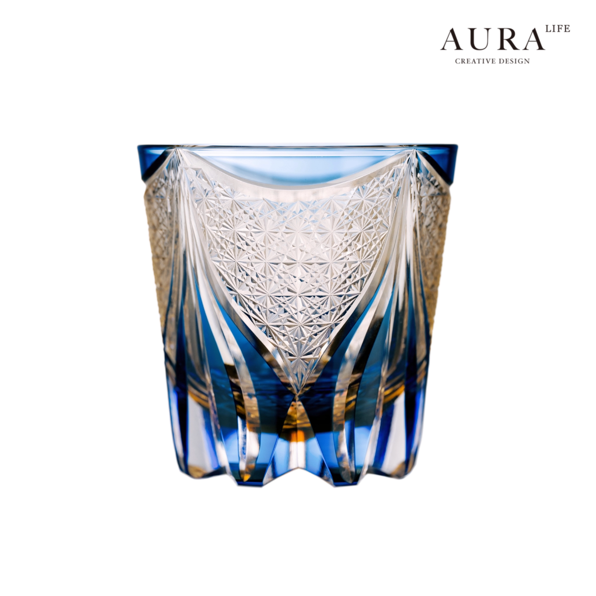 AURA'S Edo Kiriko Blue Tide Phantom Hand-Carved Crystal Cup Whiskey Wine Glass Glass Gift