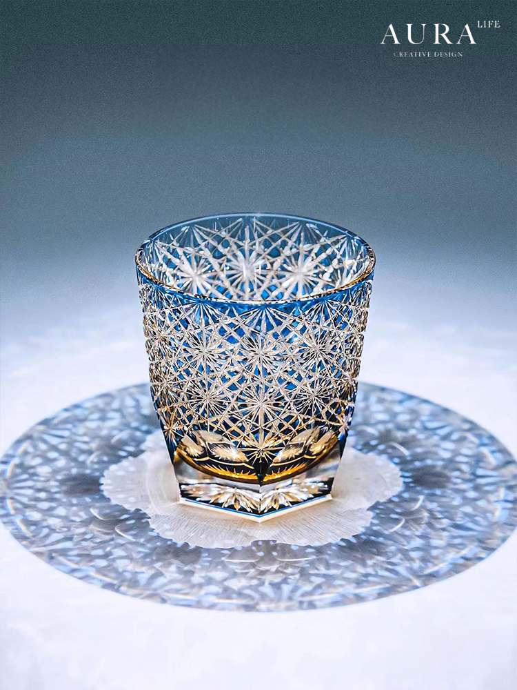 Edo Kiriko blue daisy crystal glass high-end hand-carved whiskey glass sake gift glass