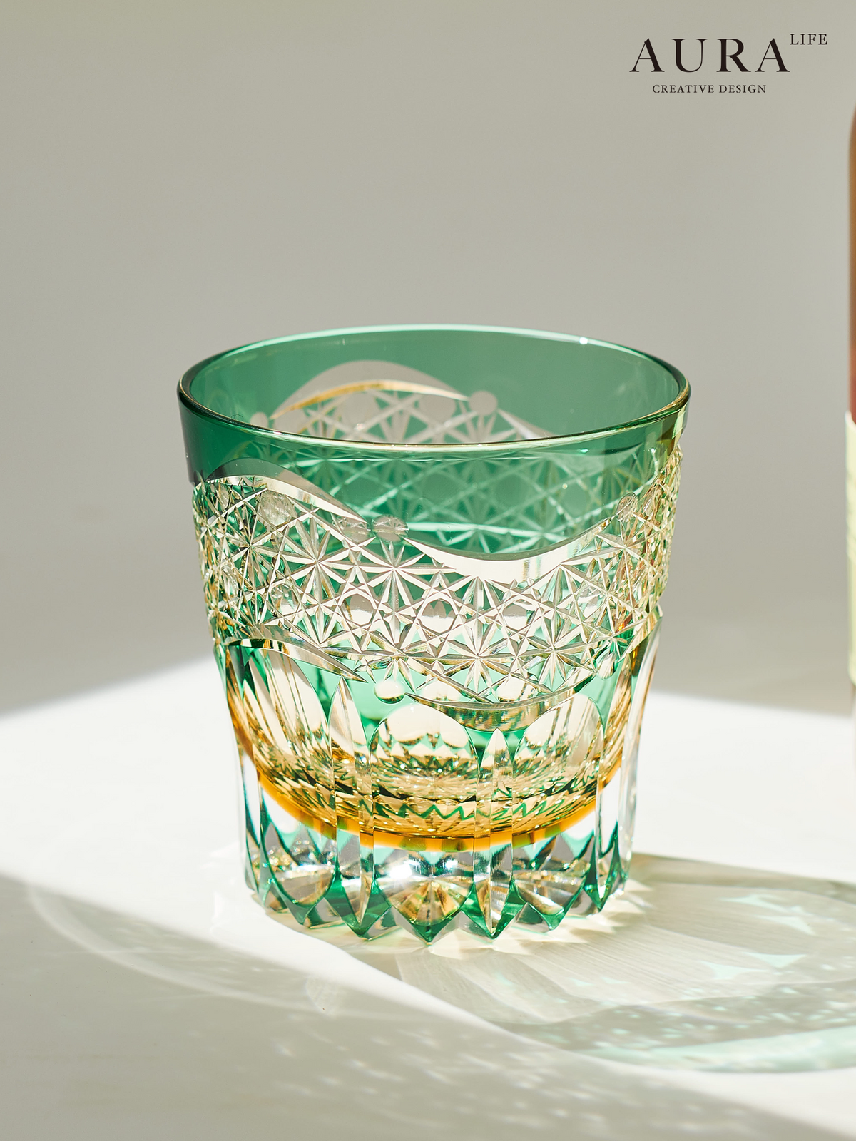 AURA'S Emerald Green Akebono Edo Kiriko Hand-Carved Crystal Glass Japanese Style Premium Whisky Glass