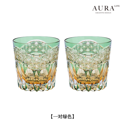 AURA'S Emerald Green Akebono Edo Kiriko Hand-Carved Crystal Glass Japanese Style Premium Whisky Glass