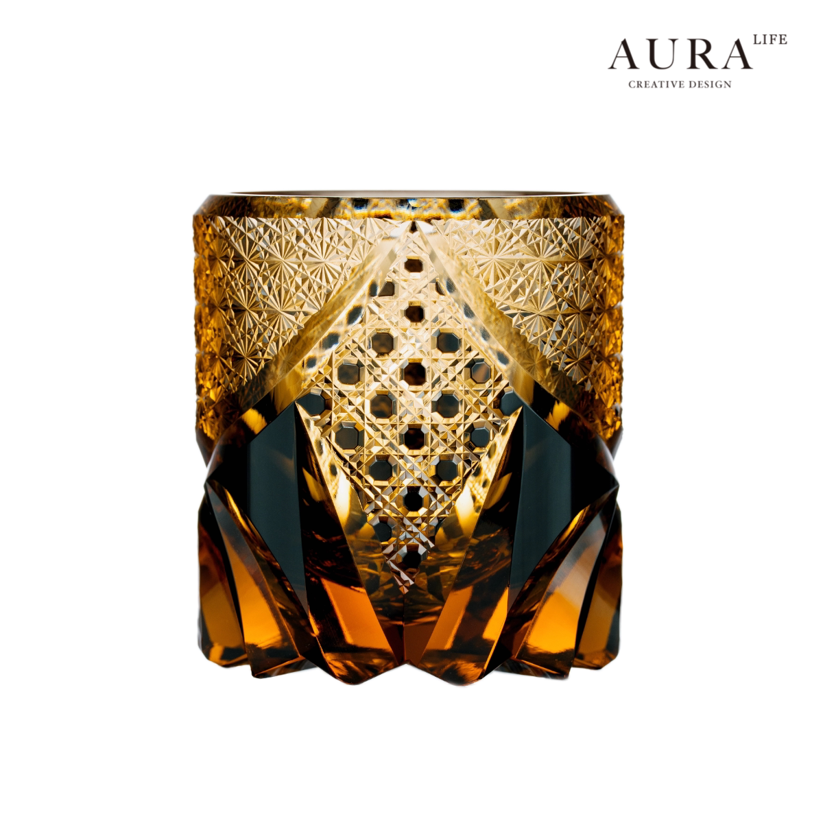 AURA'S black samurai Japanese style Edo Kiriko handmade glass whiskey glass carved amber glass